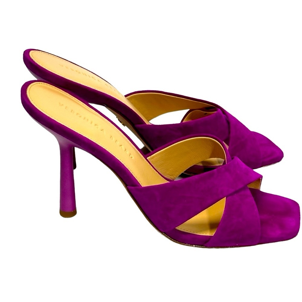 Veronica Beard Alsea Raspberry Suede Slip On Sandals Heels Open Toe US 9.5 M